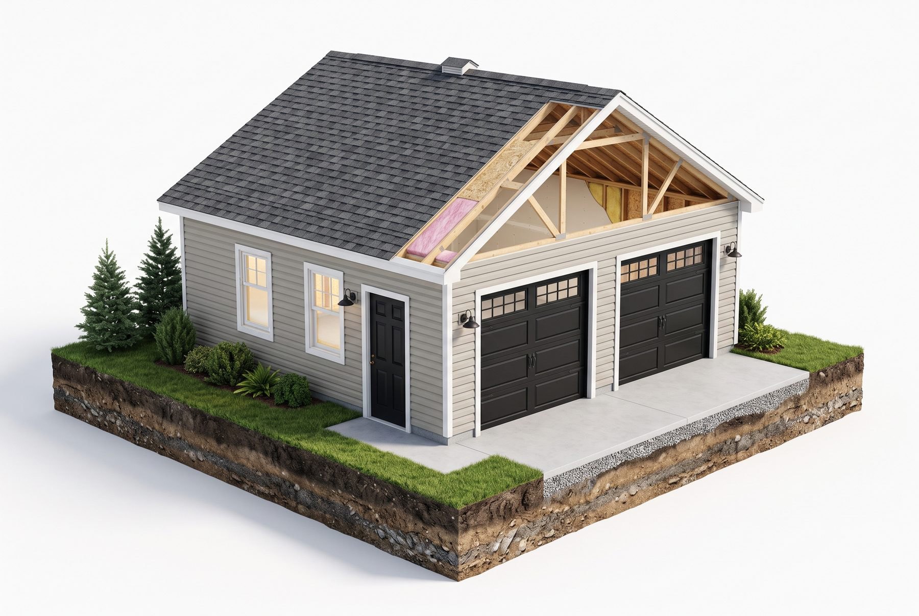 Concept illustration: a two-door garage with charcoal shingles and light lap siding, shown as a cutaway model on a block of lawn and soil with a concrete apron